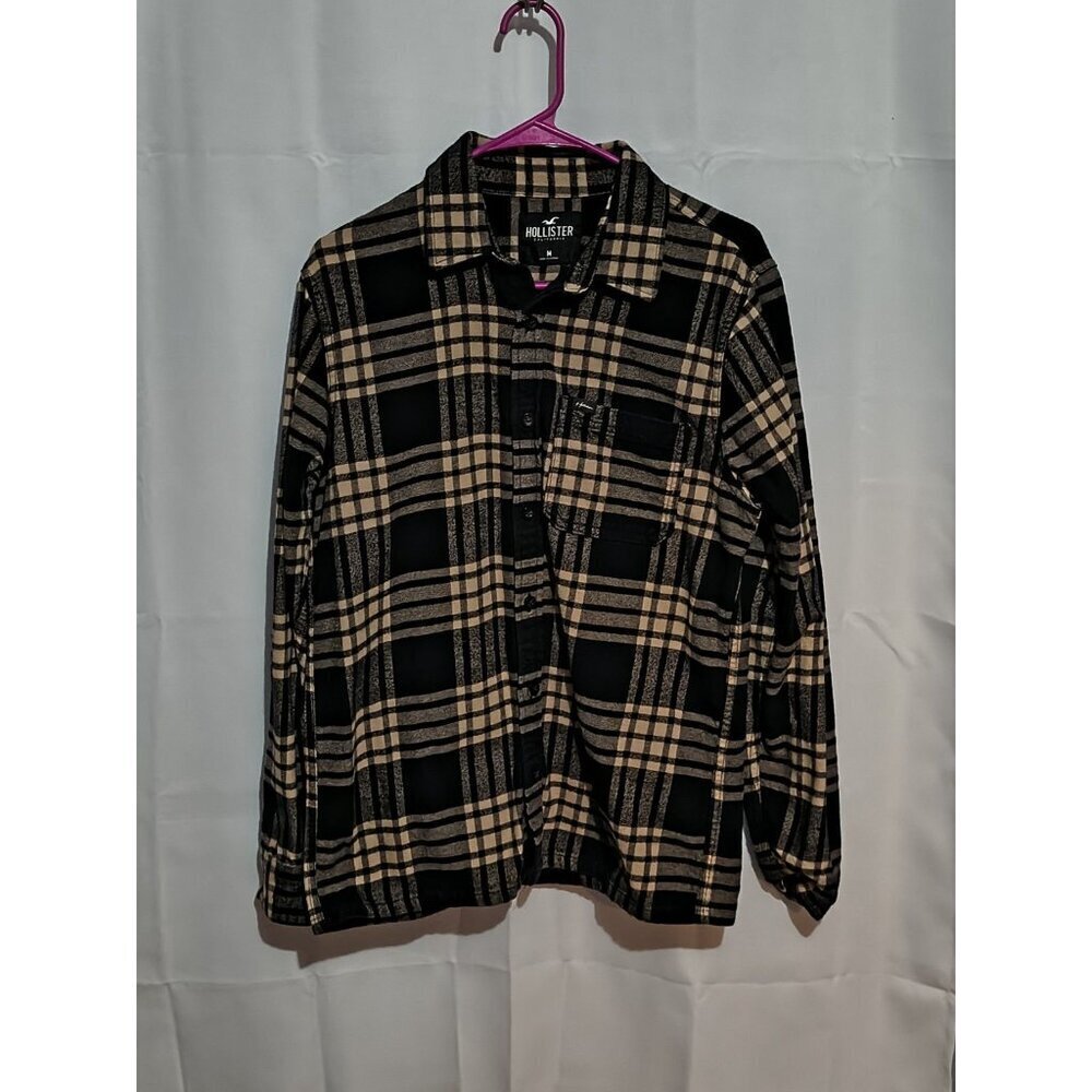 Hollister Shirt Mens Size Medium Black Khaki Tan Tartan Plaid Flannel Shirt